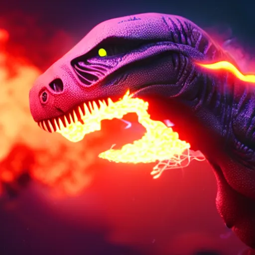 Image similar to an alien t-rex bursting out flames from its mouth in an unknown planet, octane render, bokeh, coherent, 3D