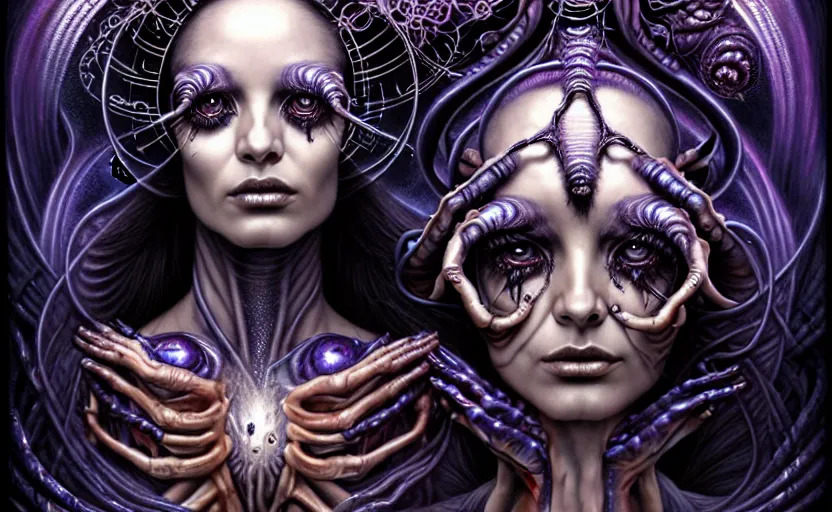 Image similar to A beautiful detailed alien goddess woman with 6 arms super dark tarot card, gorgeous model face by Stanley Artgerm, by tomasz alen kopera and Justin Gerard, 4 eyes, beautiful symmetrical features, ominous, magical realism, melting, texture, intricate, ornate, royally decorated, melting, whirling smoke, embers, purple adornments, blue torn fabric, radiant colors, fantasy, trending on artstation, volumetric lighting, micro details, 3d sculpture, ray tracing, 8k, anaglyph effect