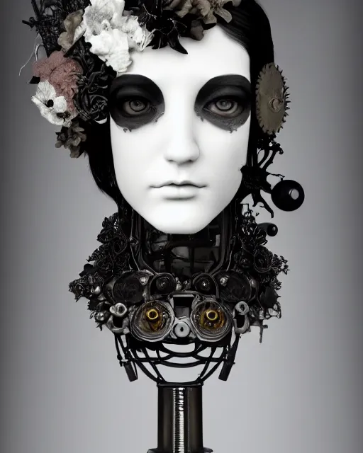 Image similar to black and white dreamy foggy smoky profile face portrait, one silver steampunk eye biomechanical beautiful young female cyclope - cyborg - robot bust, body ribs meshes,, volumetric light, hibiscus flowers, by hg giger, rim light, by dora maar and cecile beaton, big gothic fashion pearl embroidered collar, 8 k