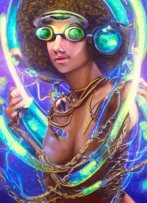 Image similar to oil painting of android woman immersed in the mystical tree, druid goddess, opal, geode, retro futurism, renaissance painting, baroque, steampunk, golden jewellery, shining crystals, cords and wires, vr googles, filigree, biomechanics, cinematic light, 8 k