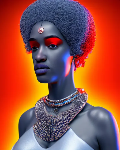 Prompt: bryce 3 d render of an afro futuristic portrait of a rojapunk woman. vivid subsurface scattering lighting, red shades. fashionable jagged sharp armor jacket, wearing silver necklace. cyberpunk style, wearing a crown of blue crystals and diamond studs by mandelbrot, benoit b