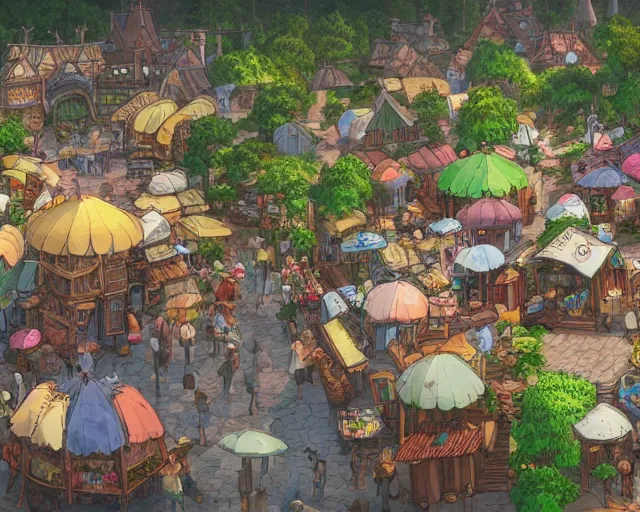 Prompt: busy fantasy village open square with some market stalls, studio ghibli style, hayao miyazaki, award winning photograph, highly detailed, artstation, hd wallpaper