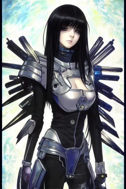 Image similar to portrait Anime girl in cyberpunk trinity blood armor, cute-fine-face, black-hair pretty face, realistic shaded Perfect face, fine details. Anime. realistic shaded lighting by Ilya Kuvshinov katsuhiro otomo ghost-in-the-shell, magali villeneuve, artgerm, rutkowski, WLOP Jeremy Lipkin and Giuseppe Dangelico Pino and Michael Garmash and Rob Rey and Yoshitaka Amano and Thores Shibamoto