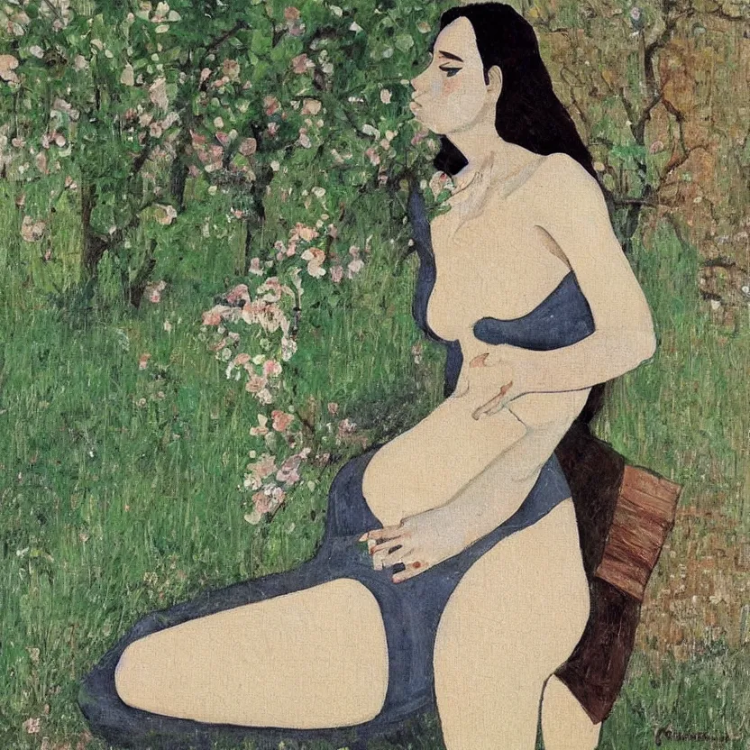 Image similar to a painted portrait of a women outdoors paused in thought, art by felice casorati, aesthetically pleasing and harmonious natural colors, expressionism, fine day, portrait