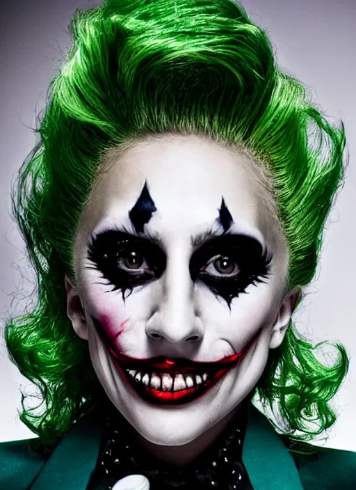 Image similar to photo of Lady Gaga as the Joker by Eolo Perfido and Mario Testino, smile, head shot, detailed, award winning, Sony a7R