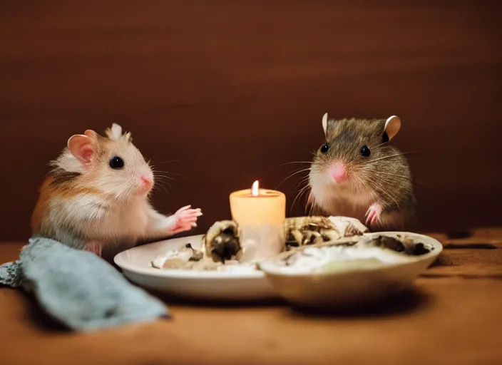 Prompt: photo of a hamsters on a date, stuck in a glass of wine, at night, faded colors, candlelit restaurant table, various poses, soft light, centered, sharp focus, 8 k