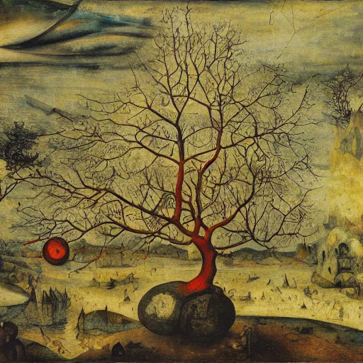 Image similar to and ian, mixed media fractive cosmic lagoon ash tree atomic bell, by h. p. lovecraft and pieter bruegel the elder, volumpled, 4 k flying impressionist island c
