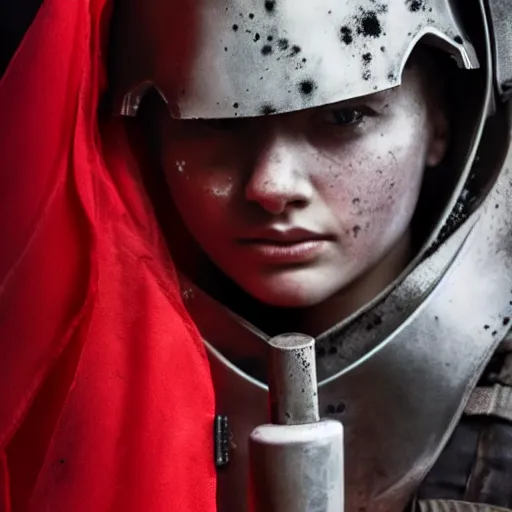 Image similar to a young female soldier with soot stained face, no makeup, in glossy sleek white bloodstained dinged scuffed armor , long torn red cape, heroic posture, determined expression, no helmet, on the surface of mars, dramatic lighting, cinematic, sci-fi, hyperrealistic, detailed