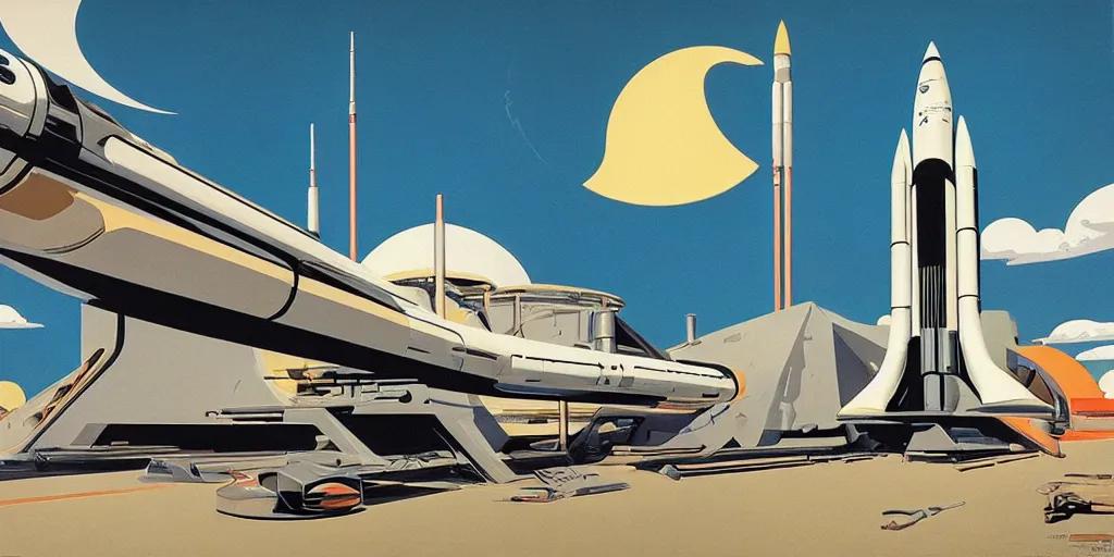 Prompt: retrofuturistic rocket launch base by Syd Mead,