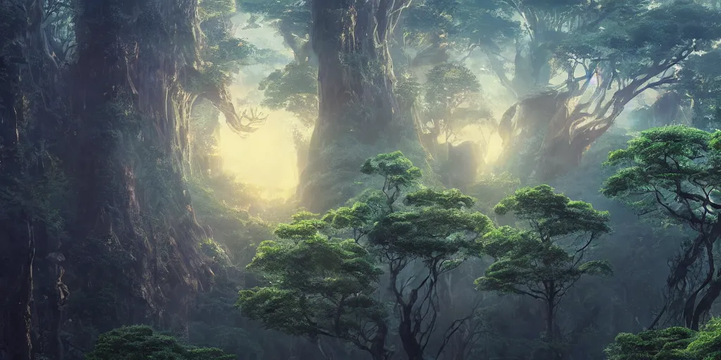 Prompt: close up of a giant liquid monster rising, forest treetop view. 4 k, artgerm, high detail, dramatic lighting, sunset, hayao miyazaki, masashi ando, nizou yamamoto, kazuo oga, joe hisaishi, yoji takeshige, naoya tanaka