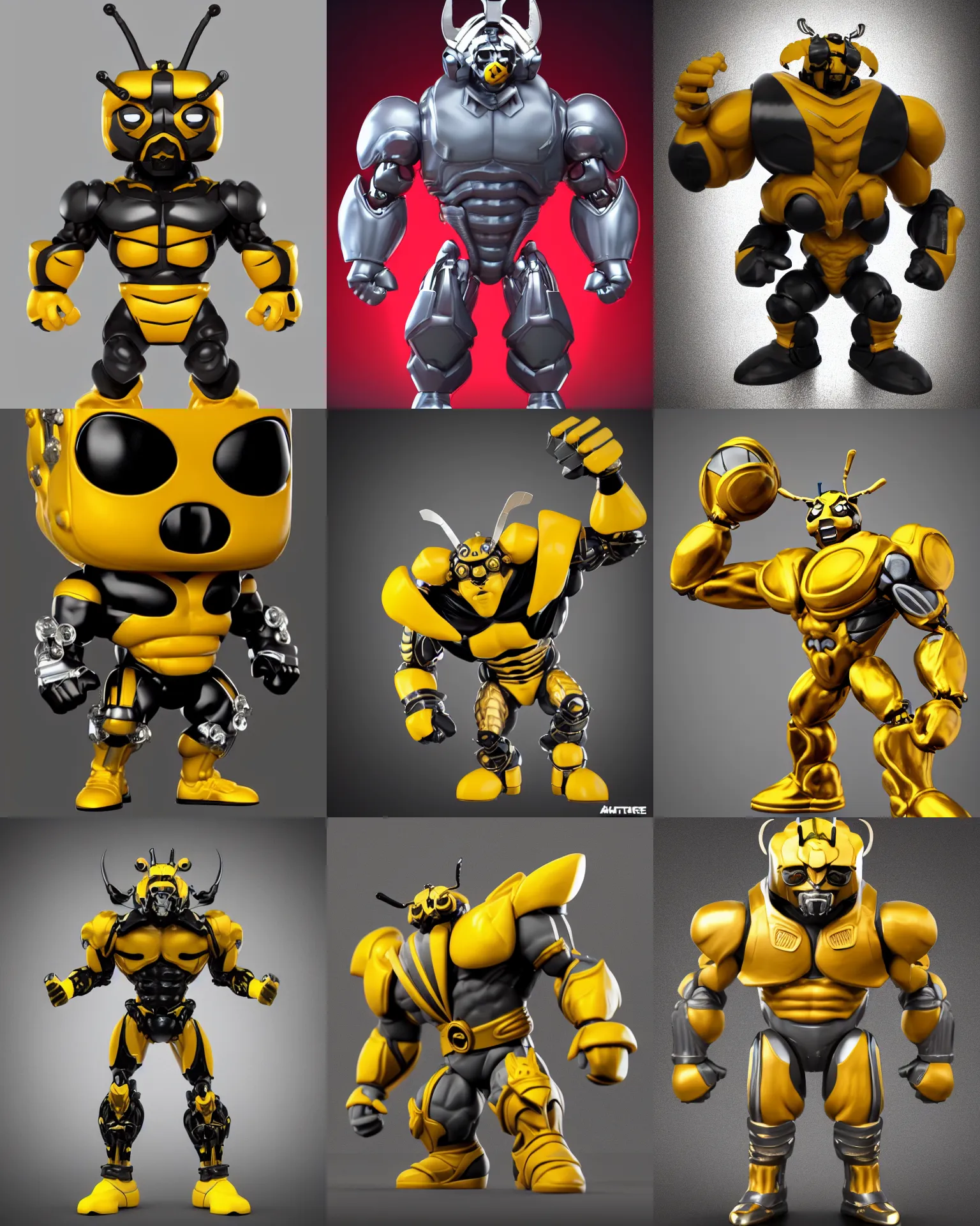 Prompt: full body 3 d render of bodybuilder transhuman king bumblebee as a funko pop!, studio lighting, grey background, no shadow, blender, trending on artstation, 8 k, highly detailed