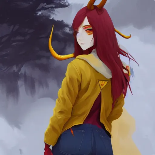 Image similar to a pale redheaded demoness with yellow eyes and horns wearing a jacket, highly detailed, digital painting, artstation, matte, by makoto shinkai, animation style