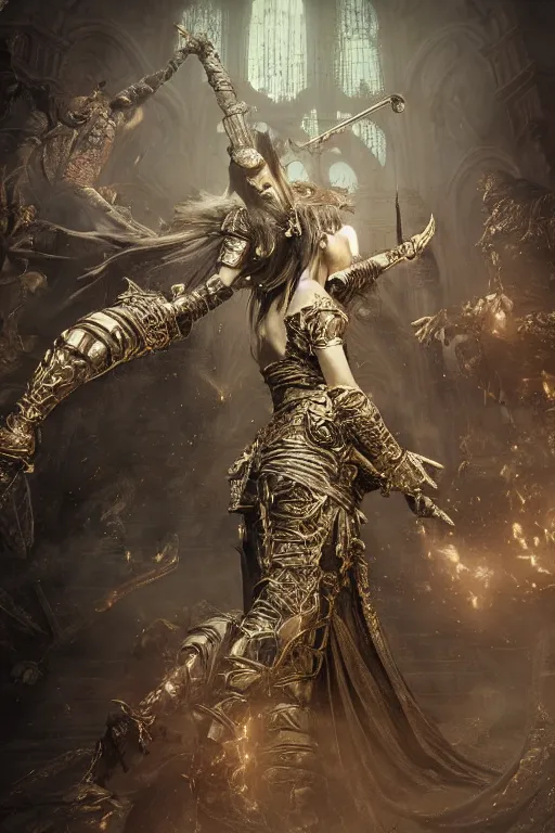 Prompt: dancing with a female devil, Dark Souls 3 themed, in style of Ruan Jia, insanely detailed and intricate, golden ratio, elegant, ornate, luxury, elite, matte painting, cinematic, cgsociety, James jean, Brian froud, ross tran, Laputa