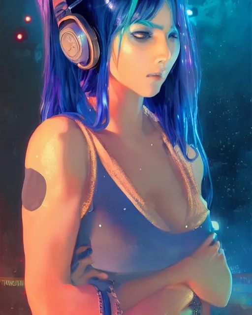 Image similar to pretty girl with blue hair, dj girl, in a club, laser lights background, sharp focus, digital painting, 8 k, concept art, art by wlop, artgerm, greg rutkowski and alphonse mucha