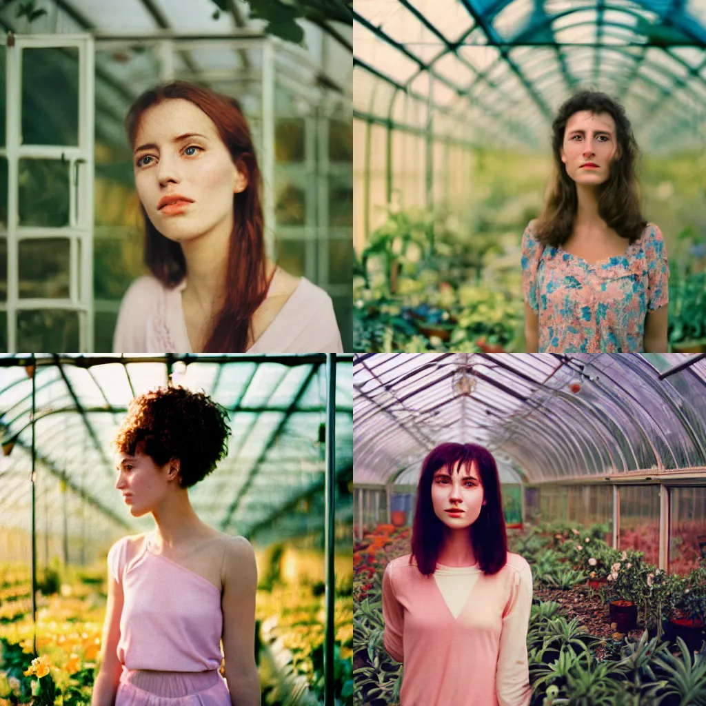 Prompt: A head and shoulder 3/4 portrait photograph of a woman inside a greenhouse by Flora Basi. pastel colors. Lomography CN 100 film. Mamiya 645. highly detailed. hq. photoreal. Golden hour. Sunshine.