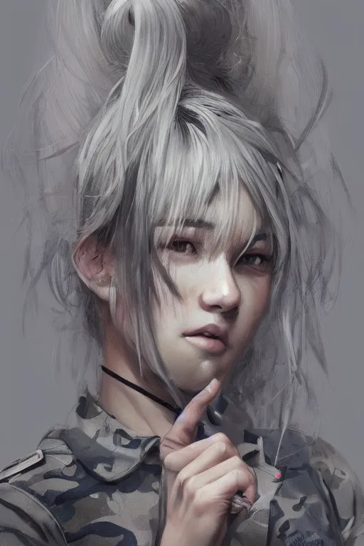 Prompt: girl, silver hair (ponytail), multicam (camo), posing, (trending on artstation), beautiful face, cinematic full body shot, ilustration by Takehiko Inoue ((and Yoann Lossel))