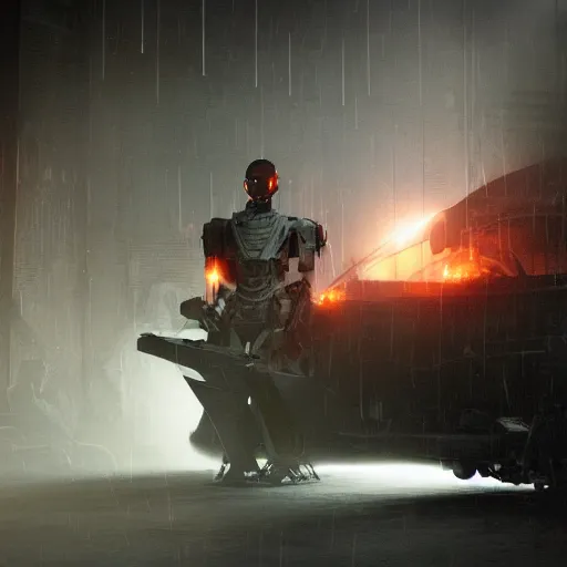 Image similar to mecha made from car parts, dark messy smoke - filled cluttered workshop, dark, dramatic lighting, orange tint, cinematic, highly detailed, sci - fi, futuristic, movie still from blade runner