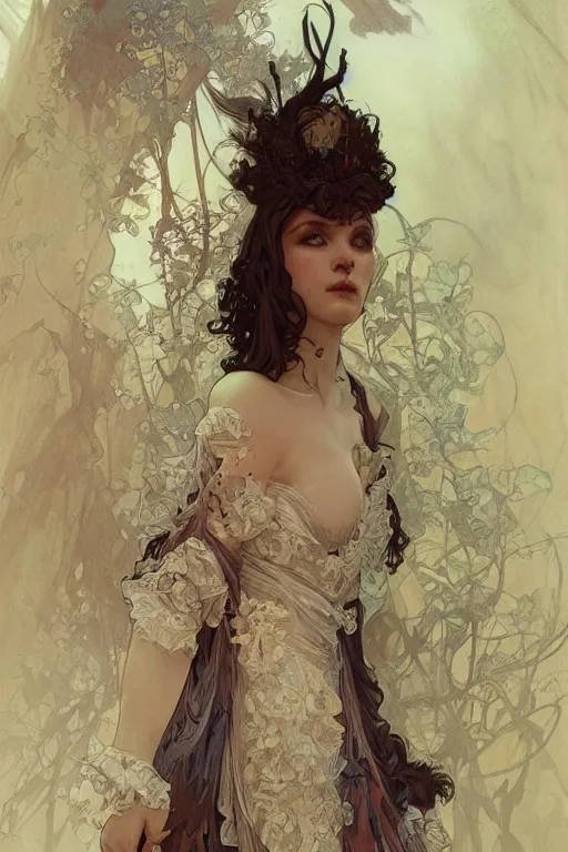 Image similar to beautiful natural coy cottagecore demonic gothic maiden, master drawing, intricate, elegant, highly detailed, digital painting, artstation, concept art, smooth, sharp focus, illustration, art alphonse mucha and james gurney and craig mullins and wlop