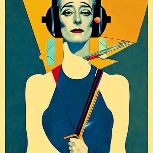 Prompt: Art by Coles Phillips, Portrait of the actress, Eva Green as Space Commander Zeta from the Year 3000, geometric art, poster, no text, Mucha, Kandinsky, indigo, teal, gold