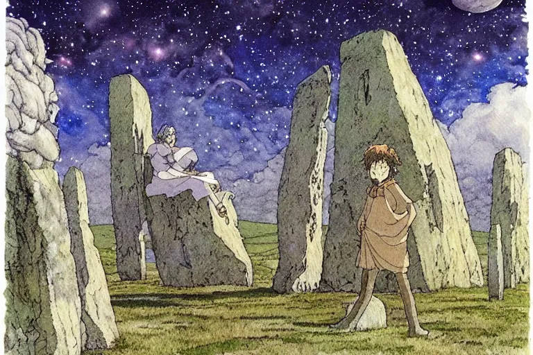 Image similar to hyperrealist studio ghibli watercolor fantasy concept art of a 1 0 0 ft. giant druid sitting on stonehenge. it is a misty starry night. by rebecca guay, michael kaluta, charles vess