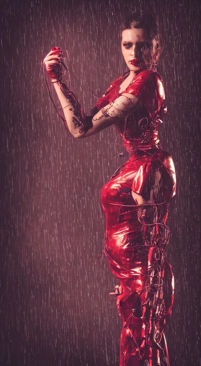 Prompt: woman, android, cyberpunk, artificial limbs, circuit, wires, mechanisms, tattoos, neon light, hard light, glamour, vogue photoshoot, fashion, long dress, red dress, raindrops, rain, wet, make - up, leaky make - up, red lipstick