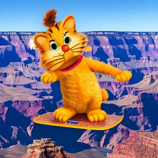 Prompt: garfield doing a kickflip over the grand canyon