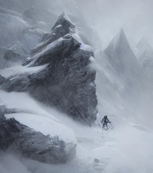 Image similar to a climber climbs a snowy mountain in a storm, close view, painting by craig mullins, octane rendering, soft morning lighting, wide angle lens, in the style of hayao miyazaki, trending on artstation,