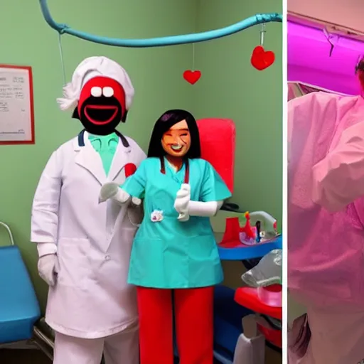 Prompt: photo of a happy patient and doctor or nurse in a hospital room made out of soft candy, candy hospital equipment, candy hospital room, candy treatments, oompa loompa virus, willy wonka pandemic