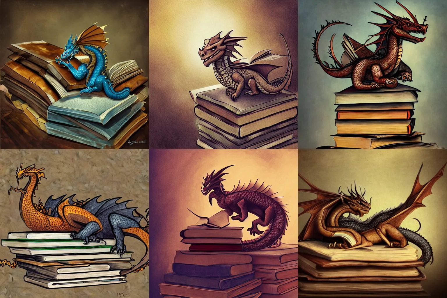 Prompt: A dragon sleeping on a hoard of books, by Randy Vargas