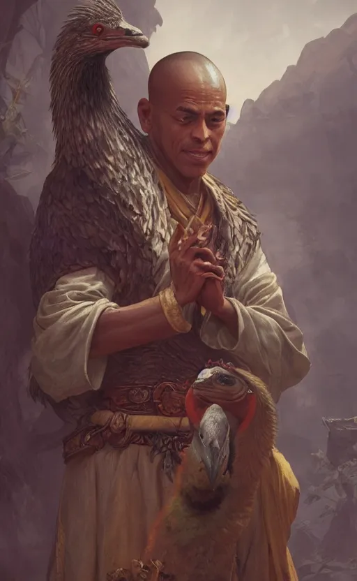 Image similar to male monk petting an undead emu, d & d, fantasy, intricate, highly detailed, digital painting, artstation, octane render, concept art, matte, sharp focus, illustration, hearthstone, art by artgerm and greg rutkowski and alphonse mucha