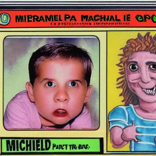 Prompt: michael scott garbage pail kid style trading card 1 9 8 7