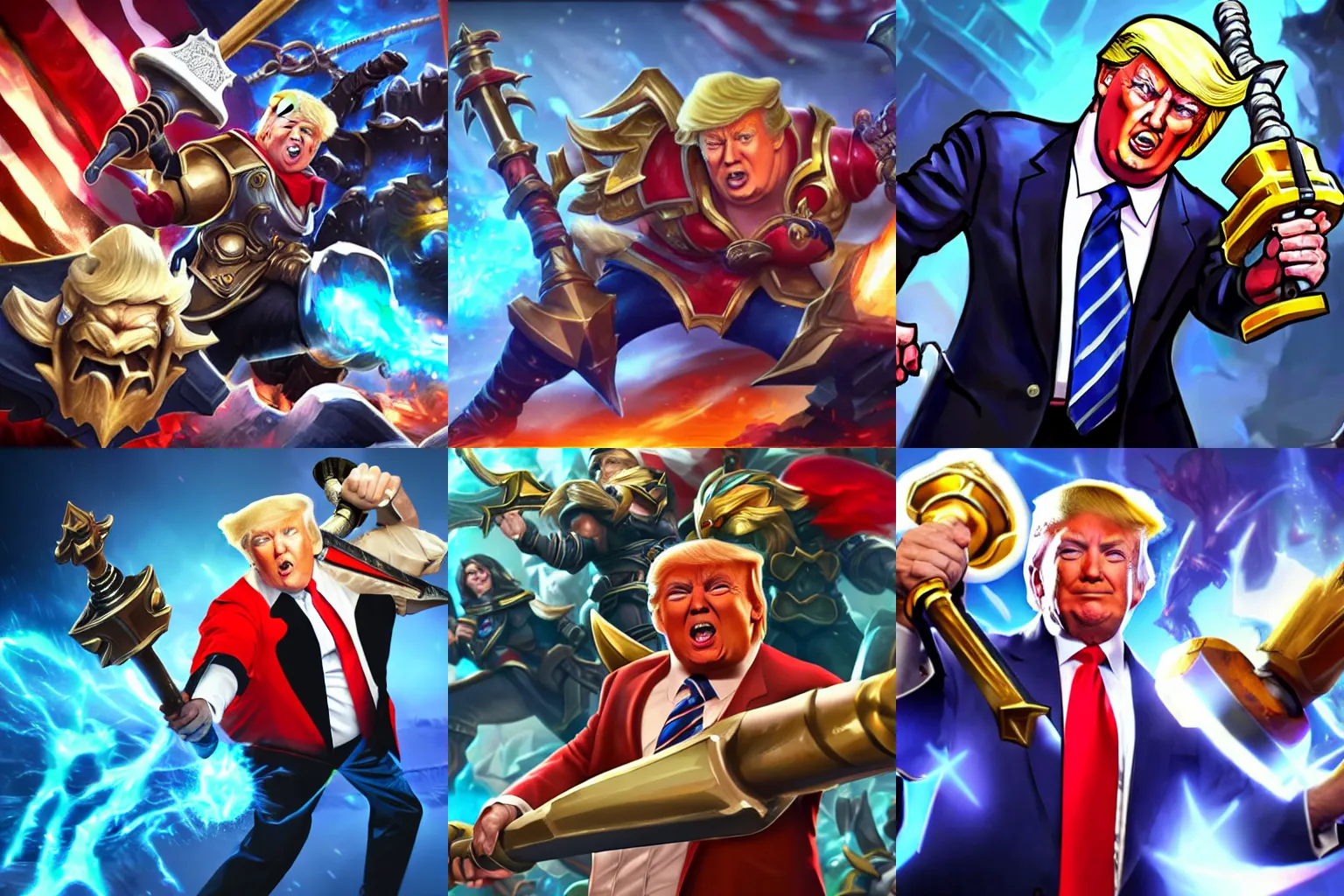 Prompt: Donald Trump wielding a battlehammer, league of legends splashart