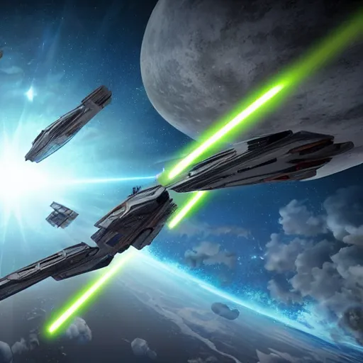 Image similar to a battle huge spaceship hovering in space waiting, with underneath a stunning planet, cinematic dynamic lighting, view from above, photo realistic, starwars comic style