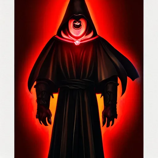 Image similar to dark lord looking into the camera, red glowing eyes, wearing black robe, white background, artstation