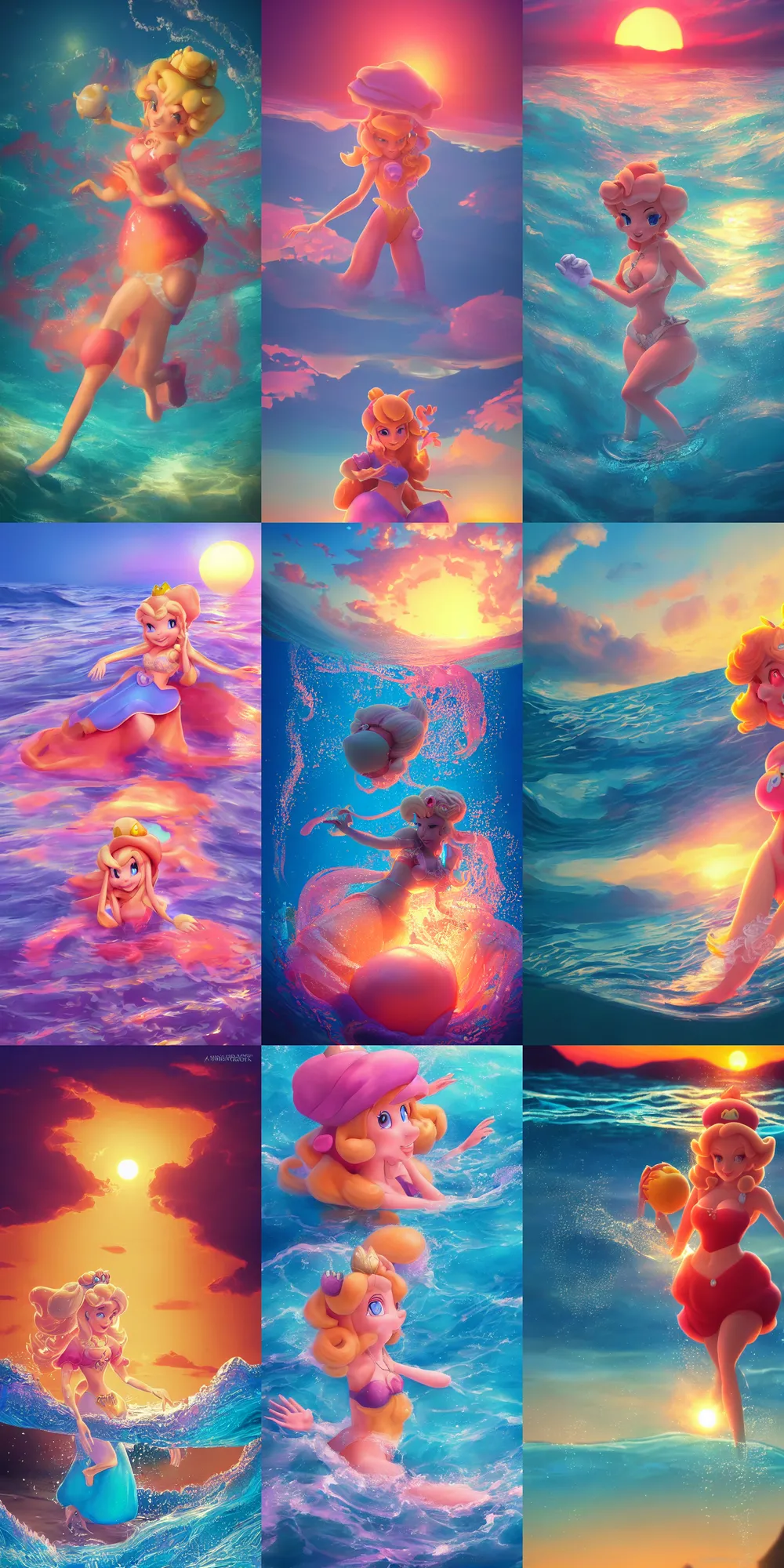 Prompt: a beautiful rendered picture of a princess peach from instagram in the ocean at sunset by Nick Silva, trending on artstation, 8k