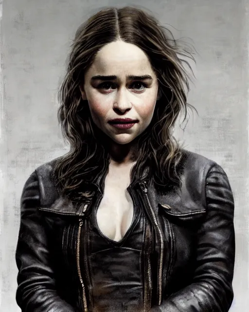 Image similar to beautiful oil on canvas portrait of beautiful Emilia Clarke with invitin expression in sons of anarchy tv show, wearing samcrow leather jacket, D&D style , highly detailed, digital art, trending on artstation, smooth, sharp focus, illustration, art by artgem and ROBERT HYNES
