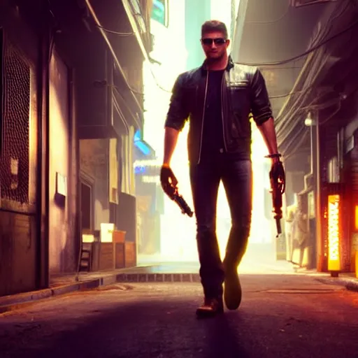 Image similar to a detailed full bodied 3 d render of an extremely handsome jensen ackles as the terminator walking down a dark alley in cyberpunk 2 0 7 7, holding two glowing winchester revolvers, volumetric lighting, octane render, 8 k, art by greg rutkowski and albert bierstadt and alphones mucha