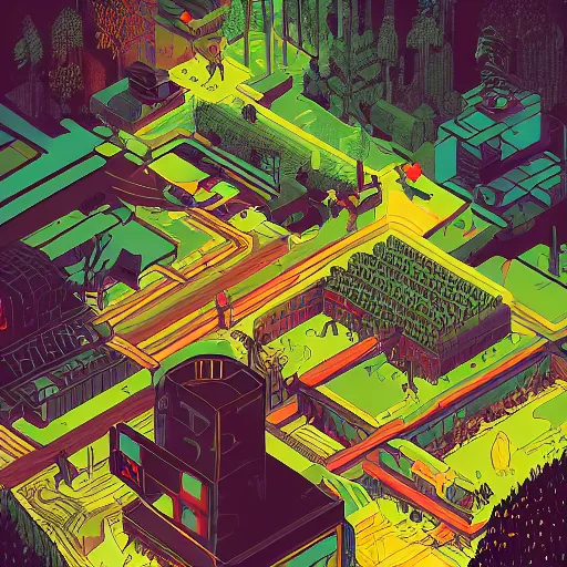 Prompt: Stunning isometric illustration of single cyberpunk explorer overlooking lush forest , highly detailed, midnight, small glowing orbs by Victo Ngai and James Gilleard , Moebius, Laurie Greasley
