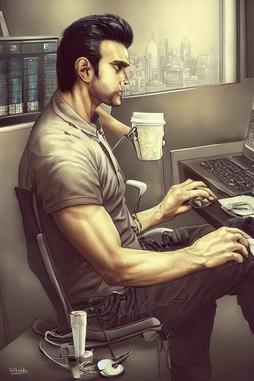 Image similar to a clean - shaven persian man drinking coffee from a paper cup at his work cubicle in front of a computer, by artgerm and yoshitaka amano, trending on artstation