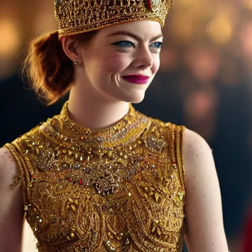 Image similar to A full body shot of Emma Stone wearing a golden Arabian crown , royality, high quality, fully detailed, 4k