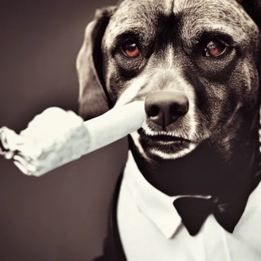 Image similar to a high detail closeup photograph of a dog wearing a suit 👔,and smoking a cigarrette🚬, award wining photograph