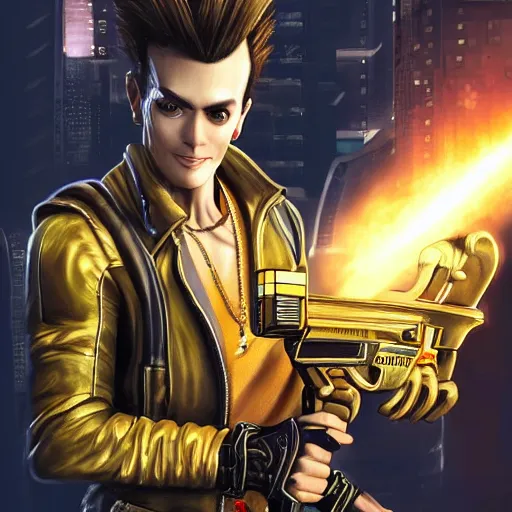 Prompt: hyperrealistic portrait of gothic cyberpunk jimmy neutron holding a golden machine gun, 4 k, highly detailed, beautifully rendered