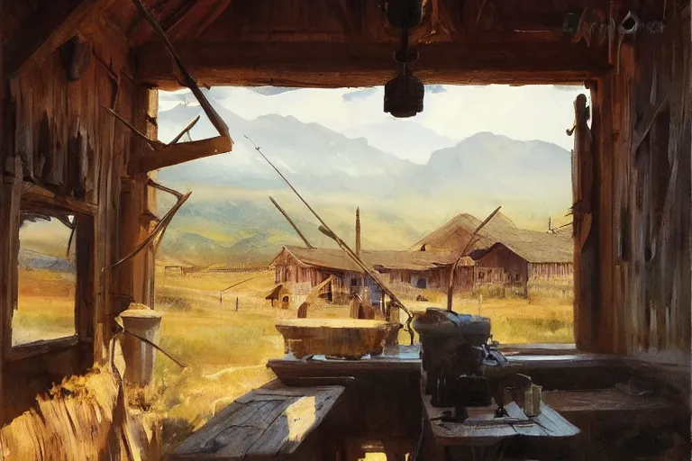 Prompt: paint brush strokes, abstract watercolor painting of american frontier western viking town, straw roof, daylight rays, cinematic light, american romanticism by hans dahl, by jesper ejsing, by anders zorn, by greg rutkowski, by greg manchess, by tyler edlin