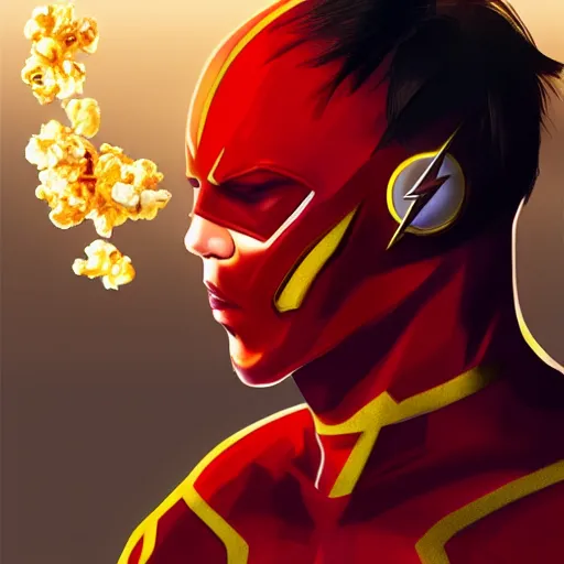 Image similar to ezra miller as flash eat popcorn, light dust, warm lighting, high detailed, artstation