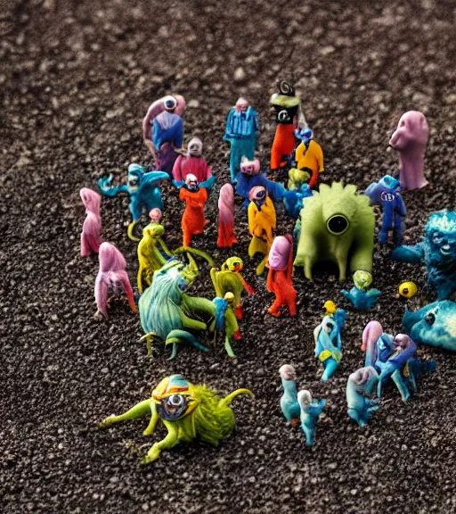 Prompt: miniature figurines of monsters, tilt shift, product photography, hyper color