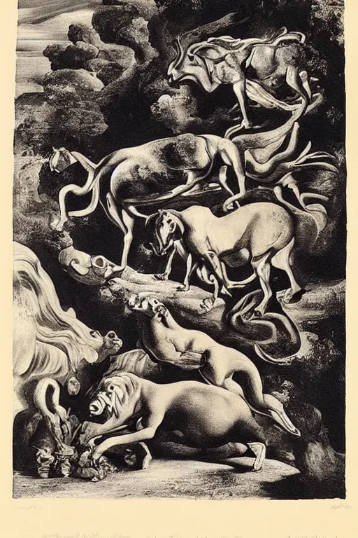 Prompt: Orpheus charming the beasts. Engraving by Salvador Dali