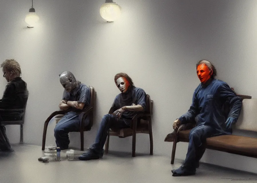 Image similar to dynamic painting of Michael Myers sitting in the waiting room of an optometrist amongst other patients, sharp focus, trending on ArtStation, masterpiece, by Greg Rutkowski, by Ross Tran, by Fenghua Zhong, octane, soft render, oil on canvas, moody lighting, high contrast, cinematic, professional environmental concept art