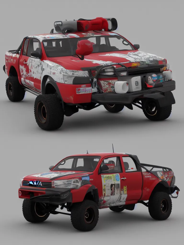 Image similar to i highly modified caricature toyota hilux, 3 d, trending on artstation, octane render, 8 k