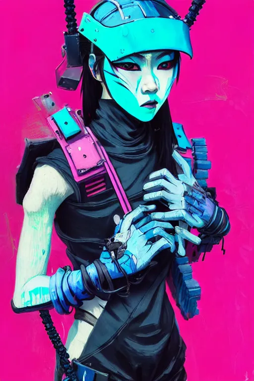 Image similar to stylized japanese cyberpunk ninja girl, wearing urban techwear, and armor, painted in acrylic, pigment textures, in the colors hot pink and cyan, beautiful realistic face, rule of thirds, spotlight, by greg rutkowski, by jeremy mann, by francoise nielly, by van gogh, by ross tran, in focus