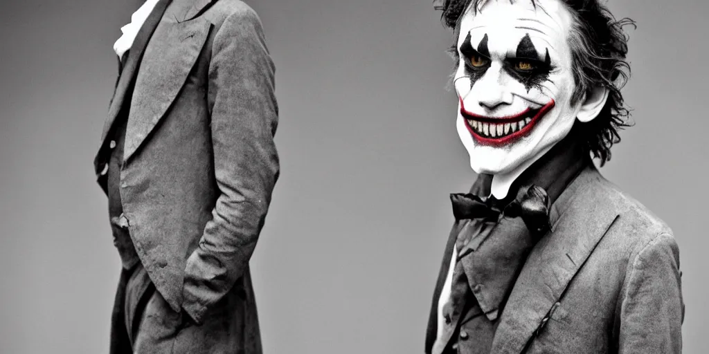 Prompt: closeup joker wearing clothes in the style of directoire style, photograph, grinning, creepy,